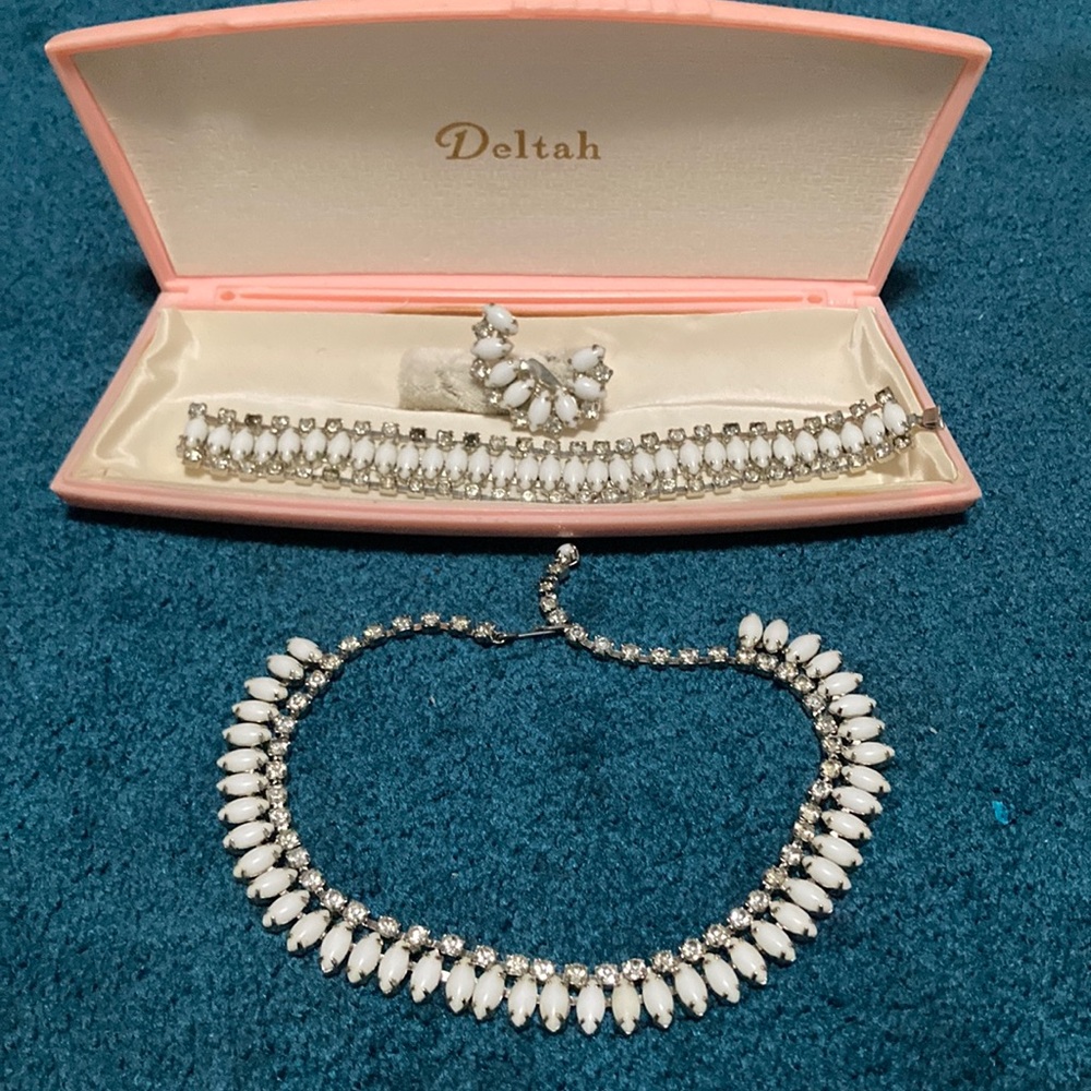 Vintage Deltah rhinestone/white stone choker, bracket a single clip on earring
